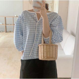 Puff-sleeve Button-up Check Blouse