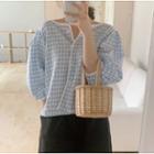 Puff-sleeve Button-up Check Blouse