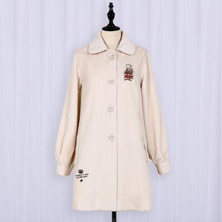 Bear Embroidered Collared Long Coat