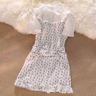 Puff-sleeve Ruffle Trim Plain Shirt / Spaghetti Strap Ruffle Trim Floral Print Slim-fit Dress
