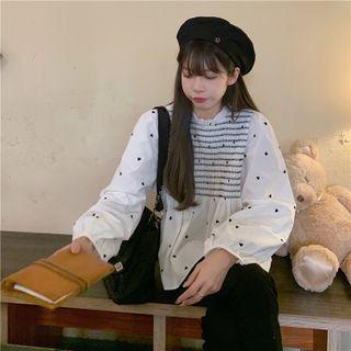 Puff-sleeve Heart Print Frill Trim Blouse Black Stripe - White - One Size