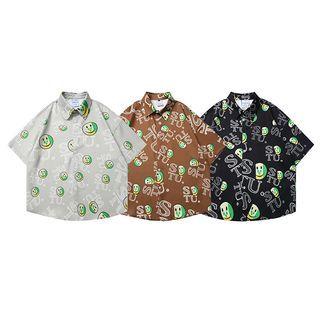 Elbow-sleeve Lettering Smiley Print Shirt