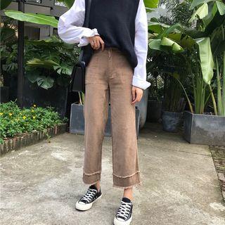 Plain Corduroy Fringed Cropped Straight-leg Pants