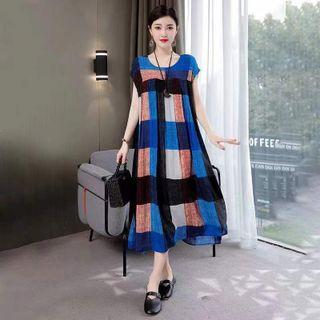 Cap-sleeve Color Block Midi Shift Dress