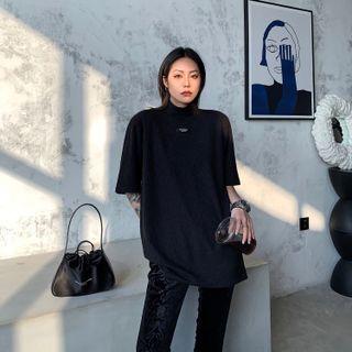 Elbow-sleeve Applique T-shirt Black - One Size