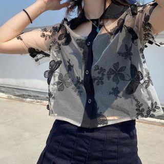 Short-sleeve Embroidered Mesh Shirt Black - One Size