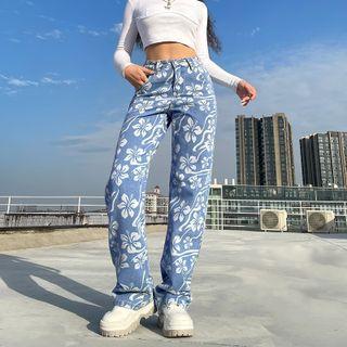 High Waist Floral Print Straight Leg Jeans
