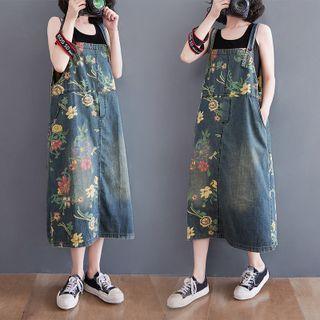 Floral Print Midi Denim Overall Dress