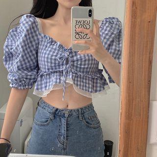Check Short-sleeve Cropped Top