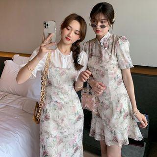 Puff-sleeve Floral Qipao Dress / Spaghetti-strap Floral Dress / Puff-sleeve Plain Blouse