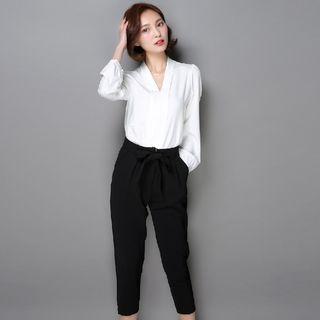 Set: Plain Split Neck Long Sleeve Blouse + Cropped Pants