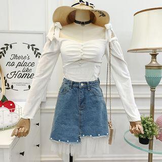 Cold-shoulder Long-sleeve Velvet Top
