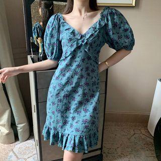 Puff-sleeve Floral Print Frill Trim Mini Sheath Dress