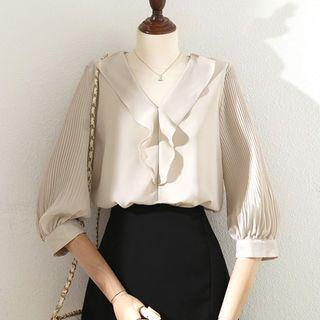 Balloon-sleeve V-neck Ruffled Blouse