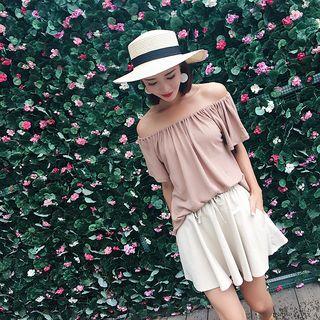 Set: Short-sleeve Off-shoulder Top + Skirt