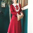 Contrast Collar Lace Trim Midi A-line Dress