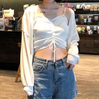 Set: Drawstring Knit Camisole + Cardigan