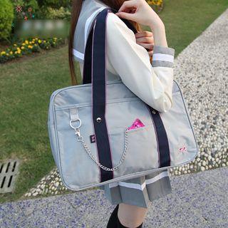 Contrast Color Bow Embroidered Carryall Bag Dark Blue Strap - Gray - One Size