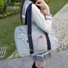 Contrast Color Bow Embroidered Carryall Bag Dark Blue Strap - Gray - One Size