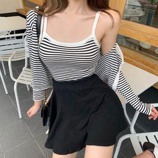 Set: Striped Camisole Top + Open-front Cropped Jacket As Shown In Figure - One Size