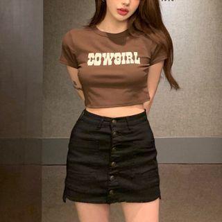 Crew-neck Logo Print Crop Top / High-waist Button-up Mini Skirt