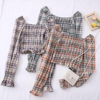 Square-neck Plaid Smocked Crop Top