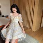 Puff-sleeve Embroidered Mesh A-line Dress