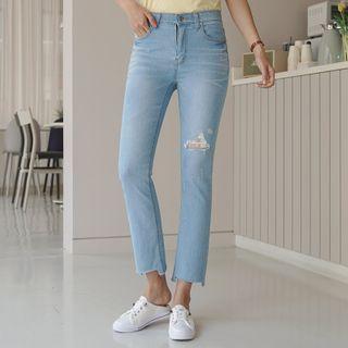 Lace-trim Distressed Semi Boot-cut Jeans