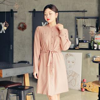 Mandarin-collar Pocket-detail Shirtdress