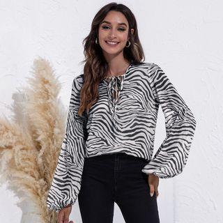 Long-sleeve Zebra Print Tie-neck Chiffon Blouse