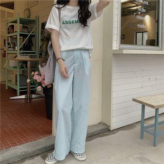 Short-sleeve Lettering T-shirt / High-waist Plain Dress Pants