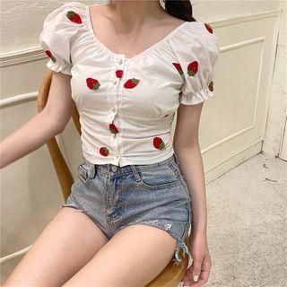 Strawberry Embroidered Short-sleeve Slim-fit Top As Figure - One Size