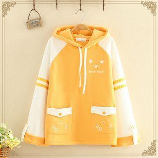 Fleece-lined Puppy Printed Color-block Flare Sleeve Hoodie