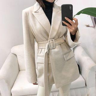 Peaked Lapel Belted Herringbone Blazer