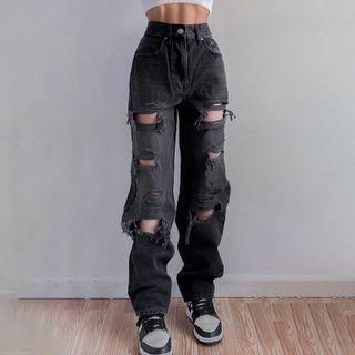 Distressed High-waist Straight Leg Pants