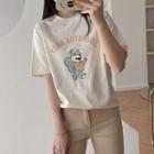 Elbow-sleeve Squirrel Print T-shirt