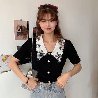 Embroidered Collared Short-sleeve Knit Top