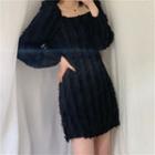 Long-sleeve Fringed Trim Mini Sheath Dress Black - One Size