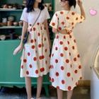 Short Sleeve Dotted Panel Mock Two Piece Dress / Cutout Back Short Sleeve Dotted Dress