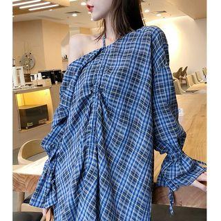 Check Halter Long-sleeve Loose-fit Dress