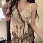 Fringed Knit Camisole Top / Plaid Wide Leg Pants