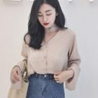 V-neck Plain Long-sleeve Top