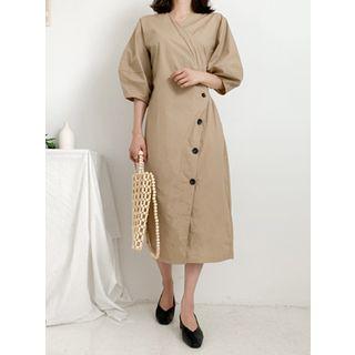 Balloon-sleeve Buttoned Long Wrap Dress