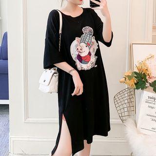 Elbow-sleeve Pig Print T-shirt Dress
