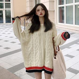 Long-sleeve Striped Cable Knit Top Almond - One Size