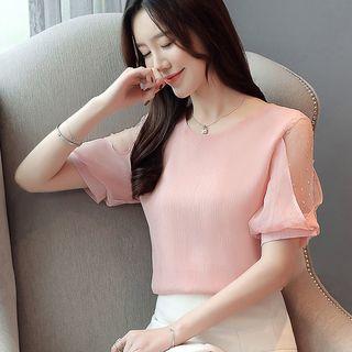 Short-sleeve Mesh Panel Chiffon Blouse