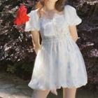 Print Bow Puff-sleeve Dress
