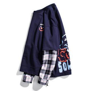 Mock Two-piece Plaid Panel Graphic Print Sweatshirt