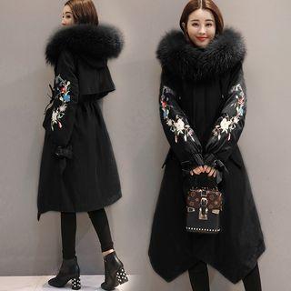 Embroidered Faux Fur Trim Hooded Padded Coat
