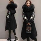 Embroidered Faux Fur Trim Hooded Padded Coat